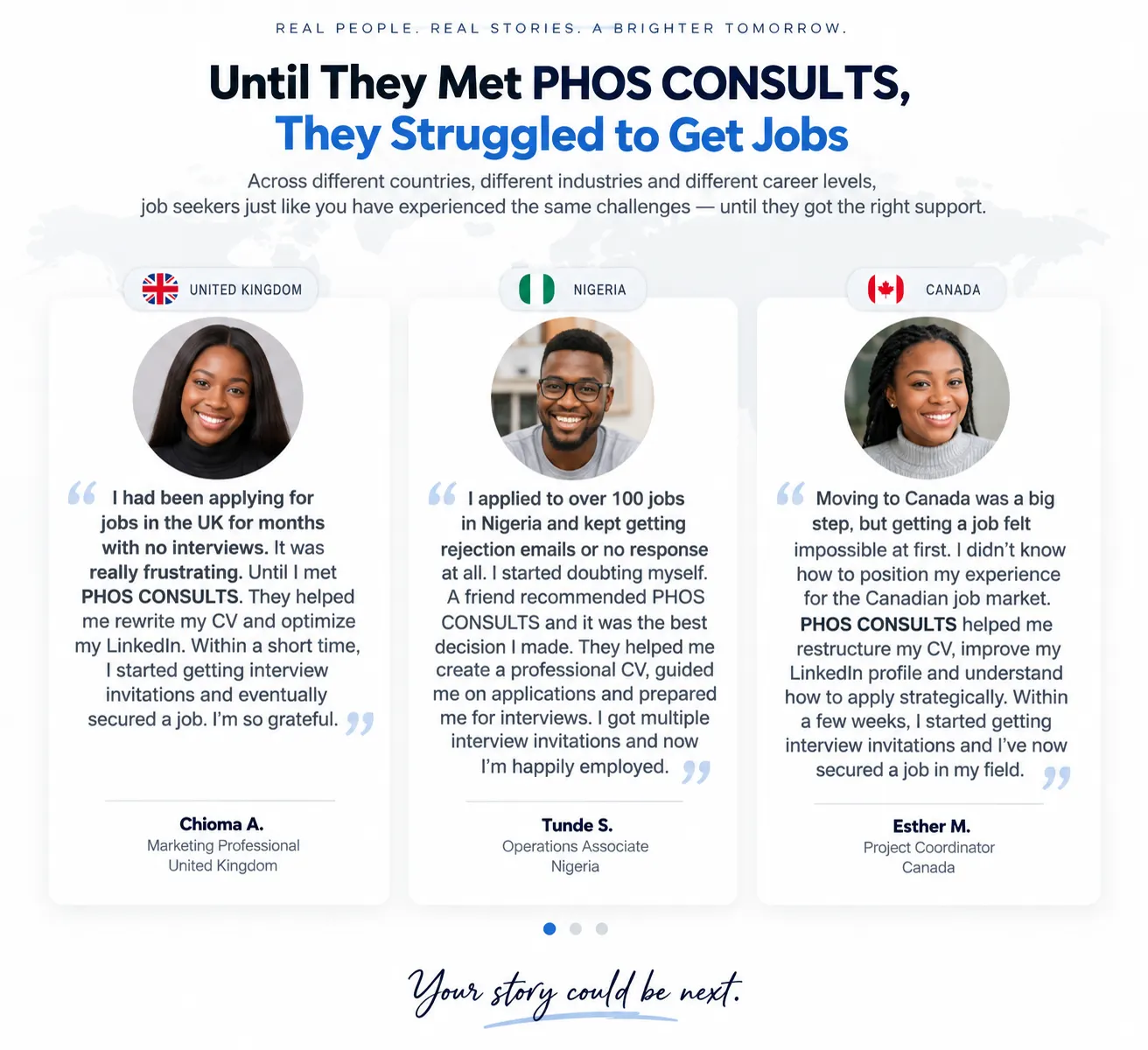 Career success stories from PHOS CONSULTS clients in the United Kingdom, Nigeria and Canada