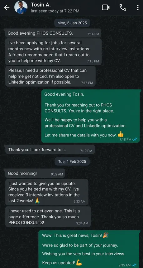 WhatsApp conversation sample showing a candidate reporting three interview invitations