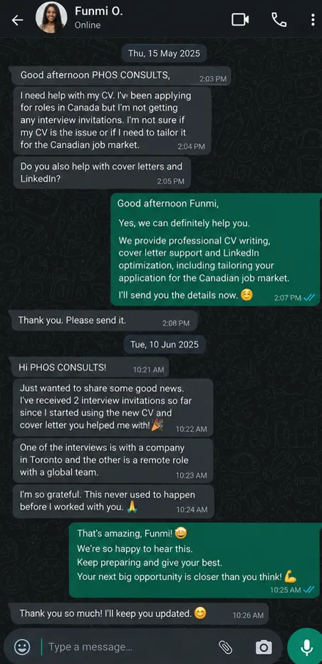 WhatsApp conversation sample about CV and cover letter support for Canada