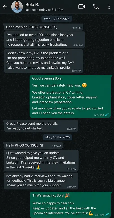 WhatsApp conversation sample about CV rewrite and LinkedIn optimization results