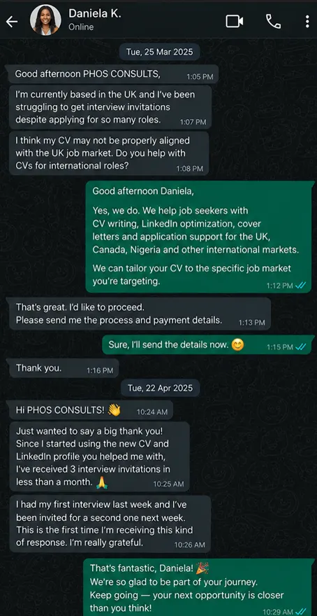 WhatsApp conversation sample about tailoring a CV for the UK job market